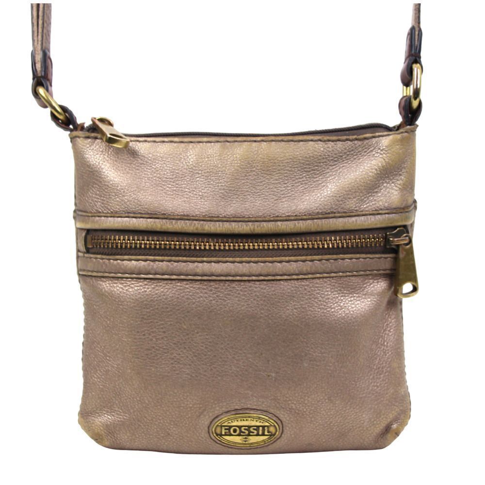FOSSIL ANTIQUE GOLD GENUINE LEATHER ZIP TOP CROSSBODY SHOULDER BAG HANDBAG PURSE